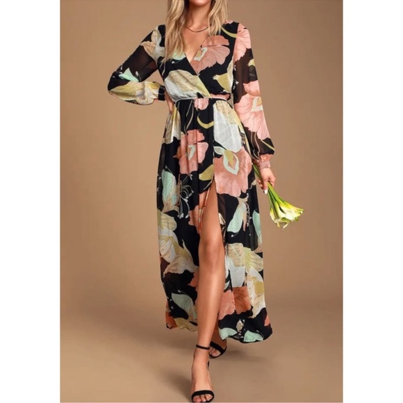 Lulus Wondrous Water Lilies Black Floral Print Maxi Dress long sleeve - Picture 1 of 9